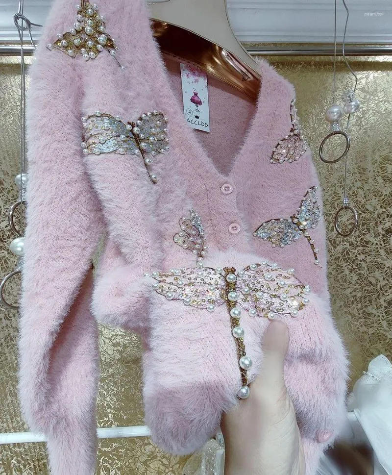 Kadın Örgü Pembe Tatlı Tiftik Örgü Hırgalar Şık İnci Pullu Kelebek Kadınlar Mink Sweater Hırka Sonbahar Kış Kaşmir Ceket H258