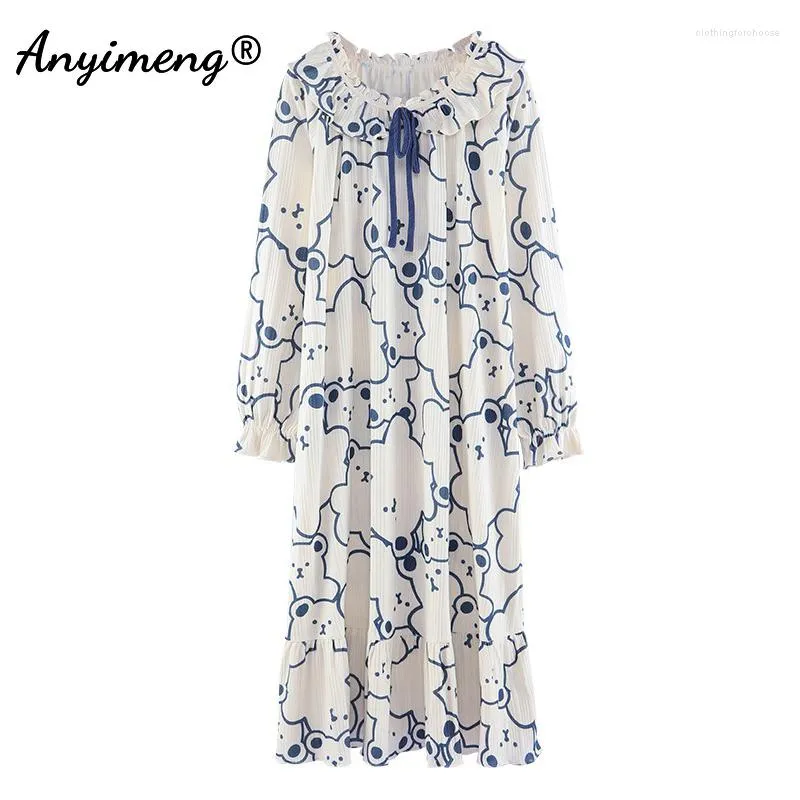 Women's Sleepwear Long Dressing 2023 Autumn Winter Arrival Pink Hearts Printing Chic Ins Kintted Cotton Big Size Night Gown