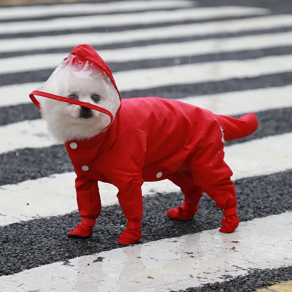 Cão vestuário capa de chuva botas sapatos para cães pequenos pet com capuz jaqueta de quatro pernas casaco impermeável gato roupas macacão macacão 231009