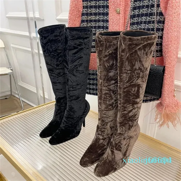 Botas de salto alto moda sexy dedo apontado com alça embelezada de cristal botas de veludo feminino salto