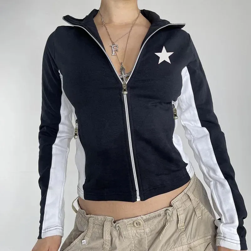 Kurtki damskie y2k estetyczne kobiety jesienne płaszcze zamka błyskawiczne topy z długim rękawem splicing gwiazda szczupła litera drukująca kpop ubrania 231009