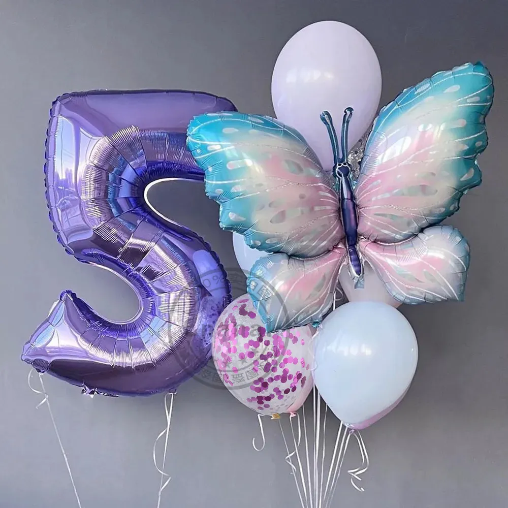 Inne imprezy imprezowe produkty 10pcs stopniowe różowe folia motyla Balon 40 -calowy Purple Cream Digital Baby Shower Decoration 231009