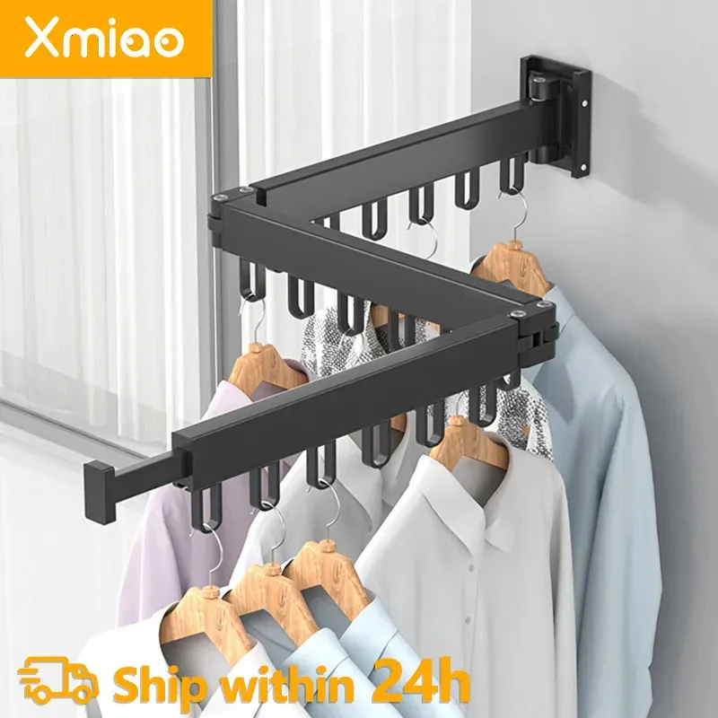 Retractable Wall Mount Clothes Drying Rack Aluminum Space Saving Indoor Outdoor Hangers