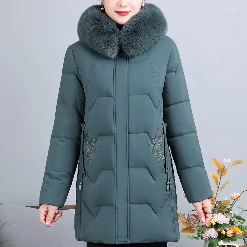 Trenchs de femmes d'âge moyen hiver longs parkas à capuche 2023 col en fausse fourrure vêtements femme veste élégante épaisse manteau rembourré chaud