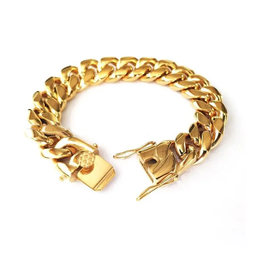 Bracciale a catena cubana Miami riempito in oro Bracciale con doppia sicurezza Hip Hop Gioielli in acciaio inossidabile con collegamento a cordolo alto lucido 10 12 14 12702