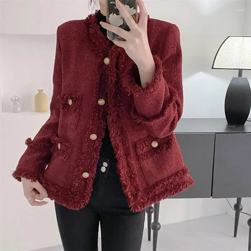 Kurtki damskie kobiety czerwona wełna Tweed Tassel płaszcz vintage francuski mały zapach długi rękaw swobodny luźne szary jesień zimowy elegancki krótki Jaket