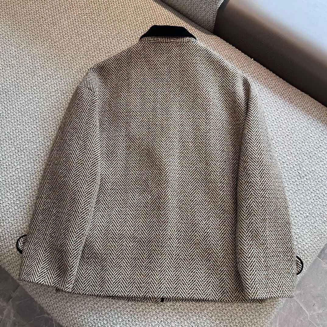 G245 Kvinnor Autumn Högkvalitativ Wool Blazer Vintage England Style HerringBone Mönster Chic Tickets Jacket Single Breasted Lapel Coat