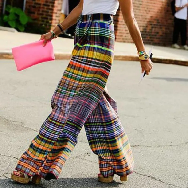 Women's Pants High Waist Elastic Waistband Women Pockets Colorful Plaid Print Casual Oversized Straight Wide Leg Streetwear