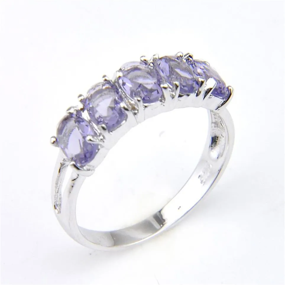 LuckyShine New Arrival Full New Oval 5- Stone Natural Amethyst 925 Sterling Silver Plated For Women Charm Gift Idea Rings Shi248D