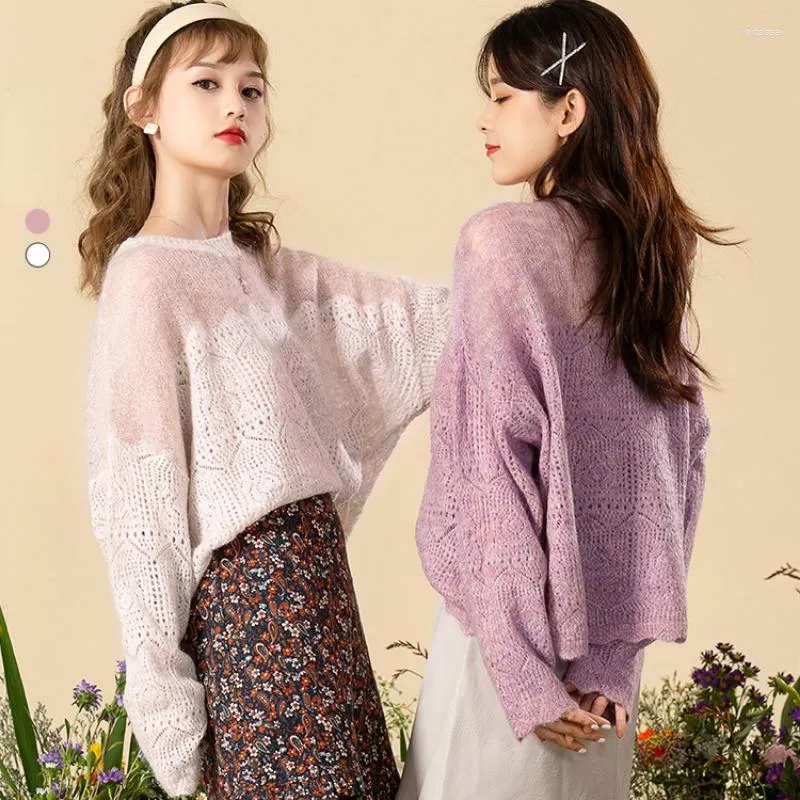 Женские свитера фиолетового цвета, вязаный крючком, пуловер больших размеров, вязаный свитер из мохера с длинными рукавами, осенние модные сексуальные полые джемперы Harajuku