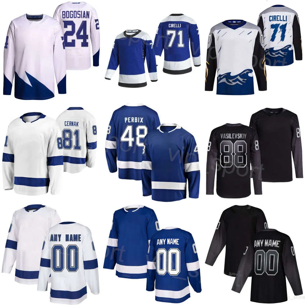 Hockey Reverse Retro 84 Tanner Jeannot Jerseys 71 Anthony Cirelli 88 Andrei Vasilevskiy 48 Nick Perbix 81 Erik Cernak 14 Pat Maroon 24 Zach Bogosian Enfants Homme Femme