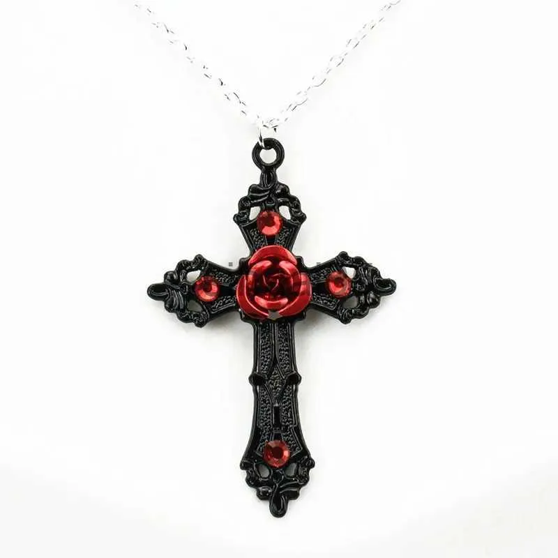 Pendanthalsband Black Cross med Red Rose Necklace Gothic Fashion Jewelery Statement Cross Pendant Gift Romantic Valentine Victorian Women Gift X1009