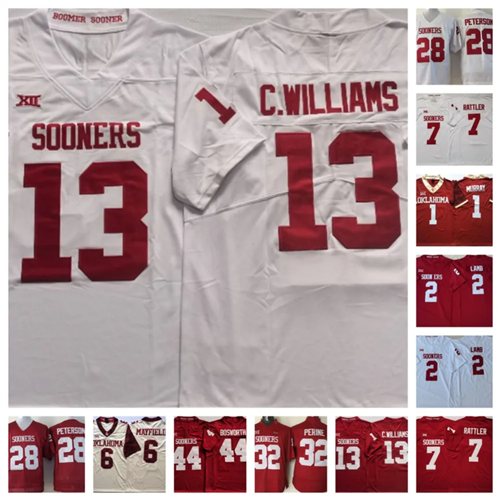 Oklahoma Sooners Football Jersey 2 CeeDee Lamb 7 Spencer Rattler 13 Caleb Williams 28 Adrian Peterson 1 Kyler Murray 32 Samaje Perine 44 Brian
