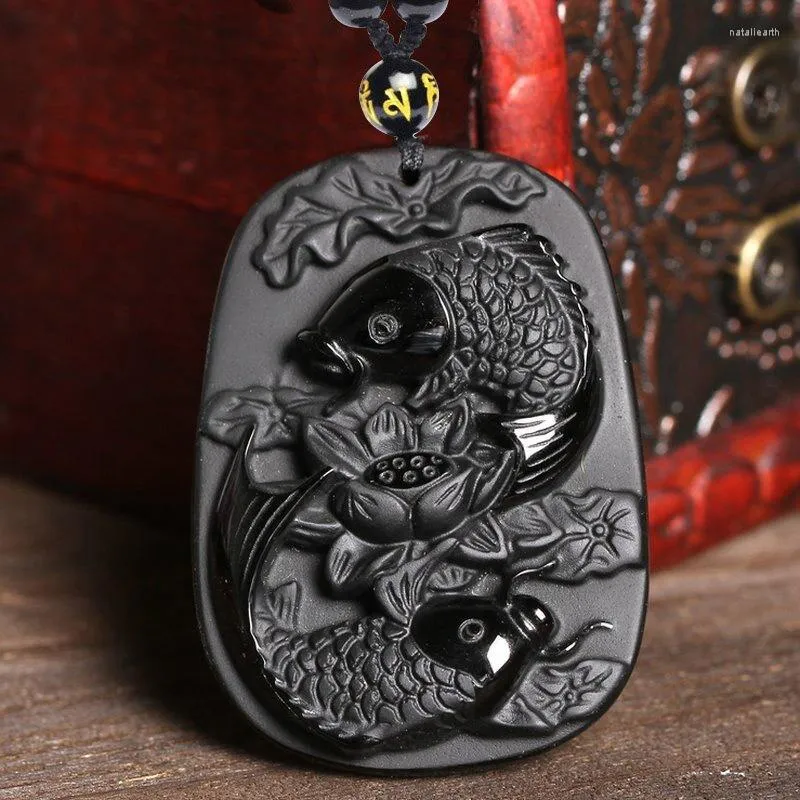 Pendant Necklaces Sculpture Black Obsidian Lotus In Pisces For Women And Man Fashion Jewelry Rope Chain Necklace Drop