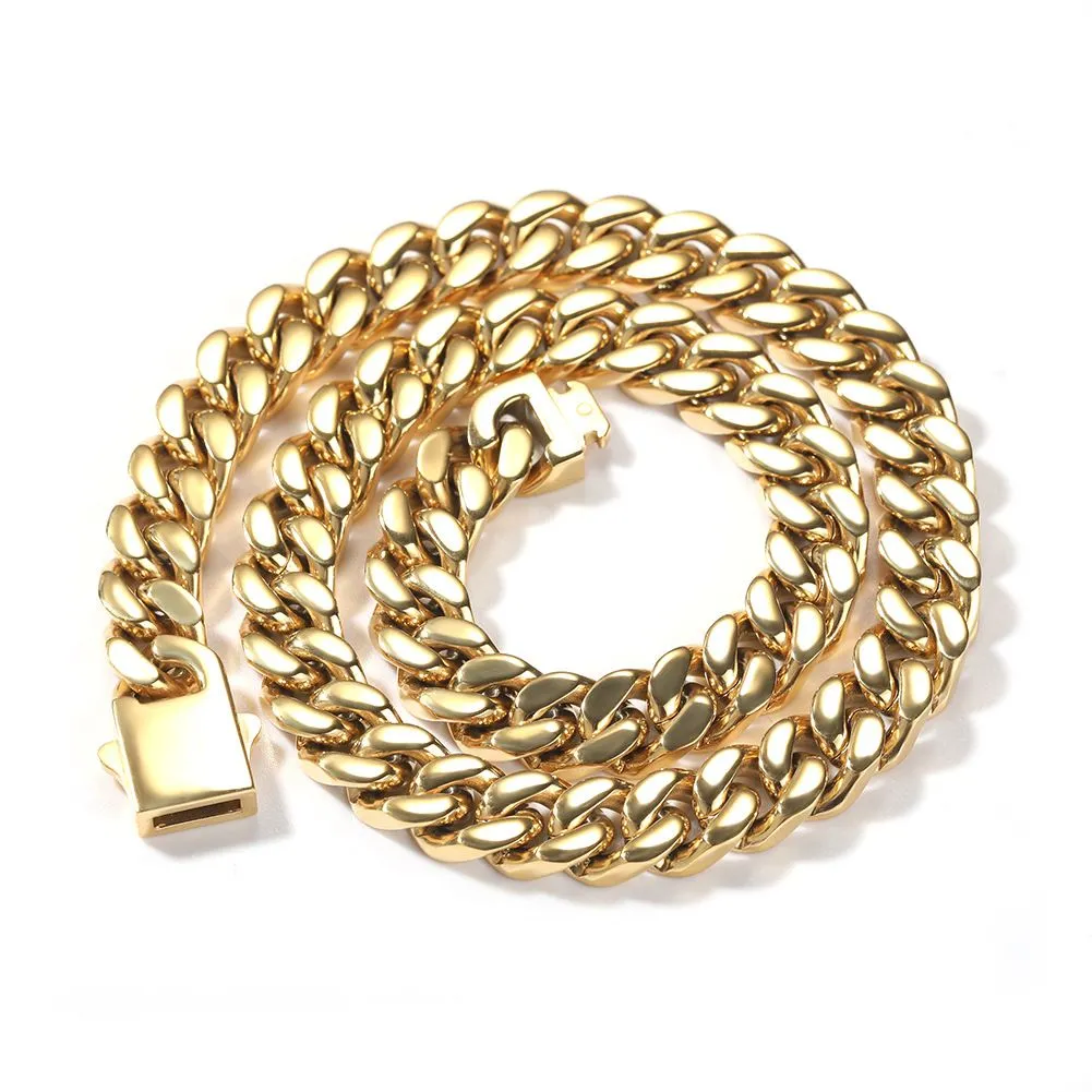 New Men's gold Necklace 14k solid gold fill Hip Hop 12mm 24inch Smooth Spring Buckle Cuban Chain Necklaces