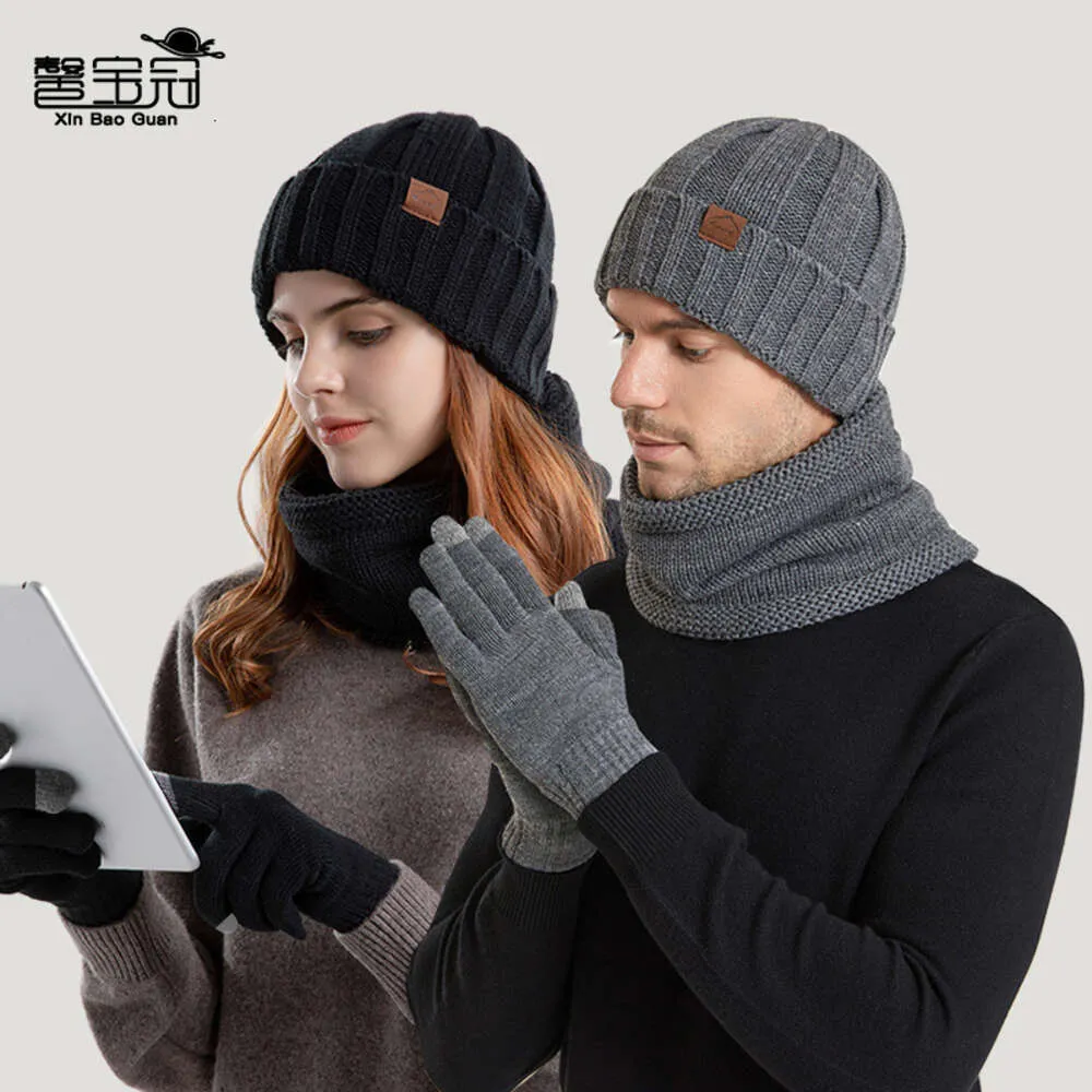 9153 inverno nova malha de lã masculina e feminina mesmo estilo pelúcia quente chapéu pescoço luva conjunto de três peças