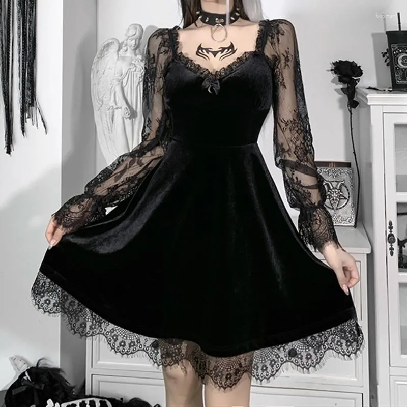 Felpe con cappuccio da uomo Gothic Lolita Girl Lace Trim Velluto Abito a trapezio Donna Prospettiva sexy Manica lunga Scollo a V Slim Mini Costume da festa cosplay