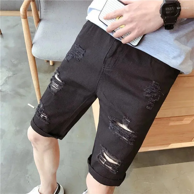 Мужские джинсы 2023, джинсовые шорты, рваные брюки пять четвертей, трендовые корейские версии, тонкие летние тонкие модели средней длины, свободные