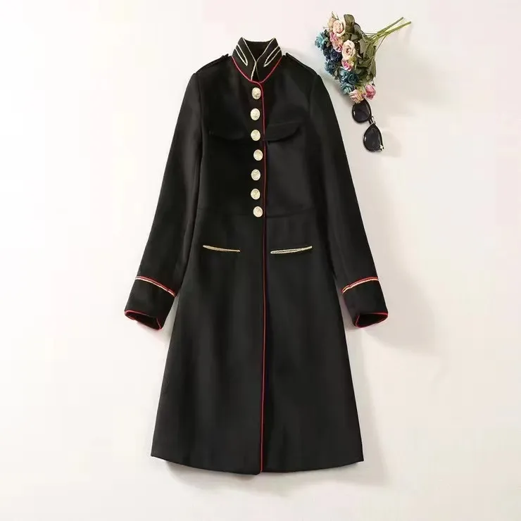 Abbigliamento femminile europeo e americano 2023 autunno nuovo Cappotto di lana nero con colletto in piedi a maniche lunghe monopetto