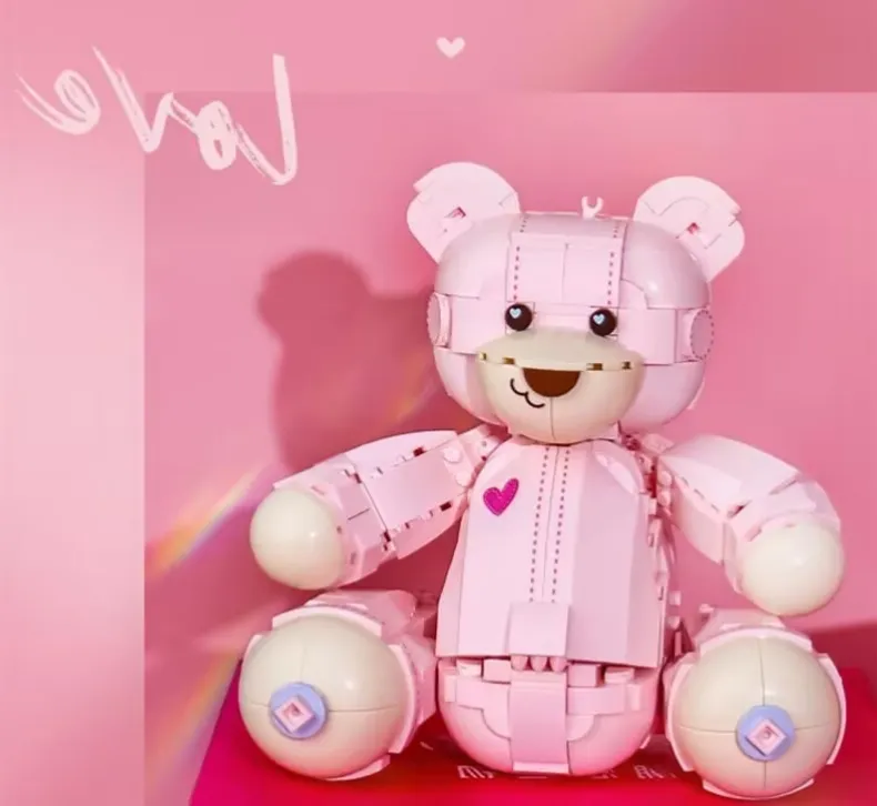 Figur Bär Ziegel Bausteine Bär Bauen Peluche Spielzeug Kleiner rosa Bär Cartoon Anime Modell Bausatz Teddybär Ziegel Dekoration Spielzeug Weihnachtsgeschenke Spielzeug für Mädchen