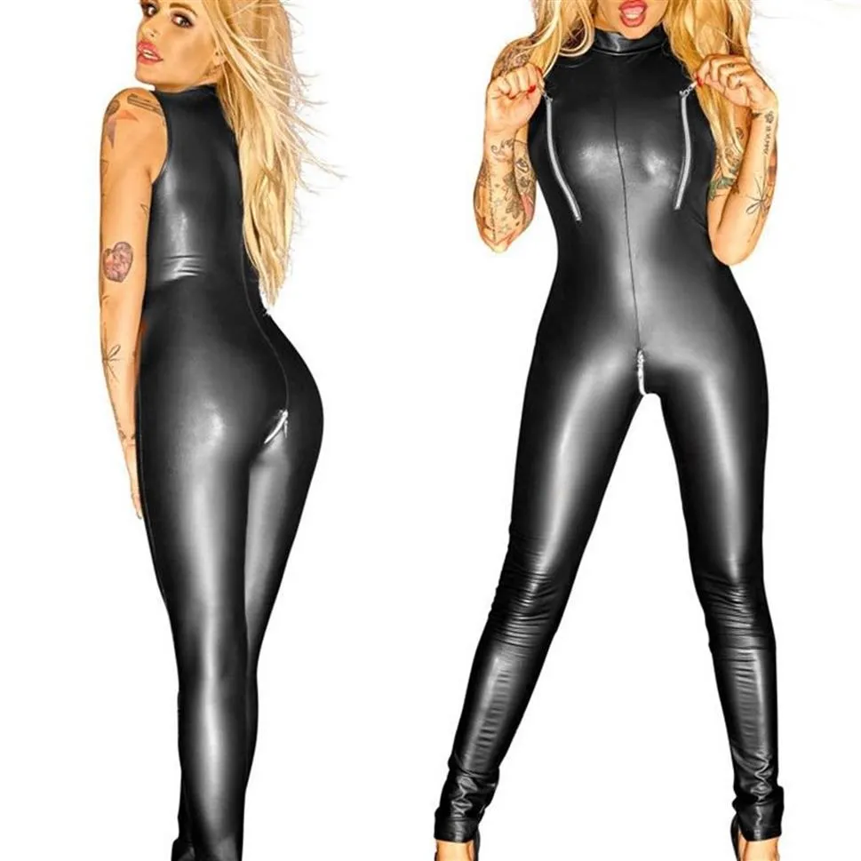 Sexy schwarzer Wet-Look-Reißverschluss aus Kunstleder, Overall, PVC, Latex, Catsuit, Clubkleidung, Kostüme, Damen-Bodysuit mit offenem Schritt, Fetisch-Uniformen330x