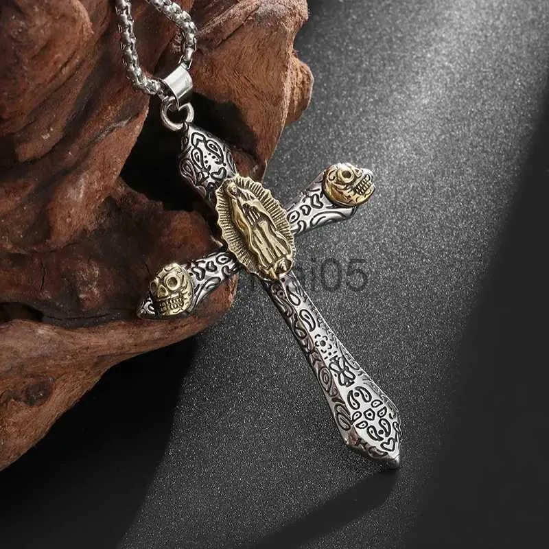 Pendant Necklaces Catholic Virgin Mary Sculpture Necklace Gothic Devil Skull Cross Pendant Men's and Women's Religious Prayer Lucky Amulet Jewelry x1009