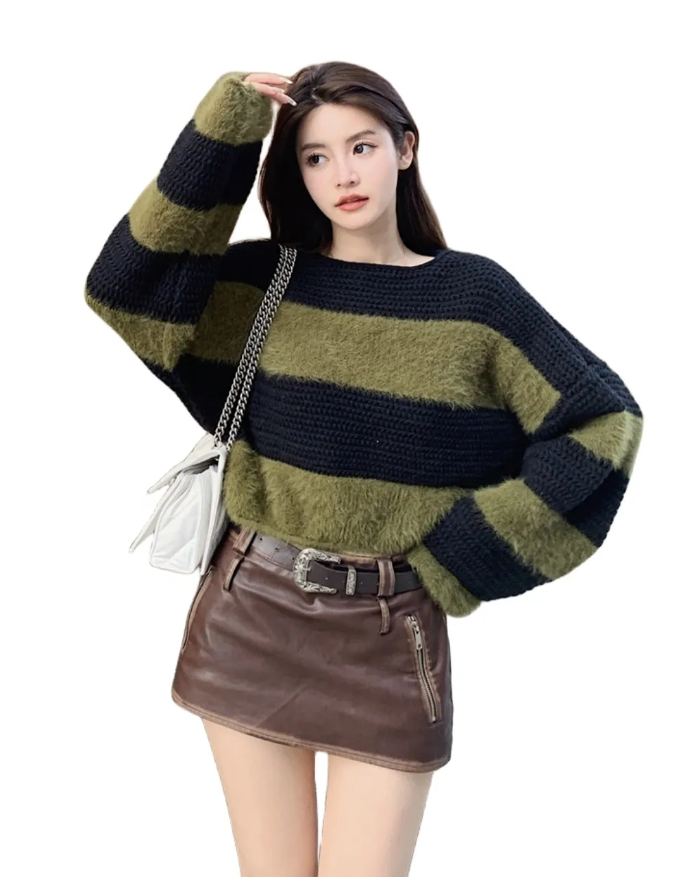 Autumn New Women's Slash Neck Sticked Mohair Wool Patched Stripe Pattern tröja toppar korta hoppare