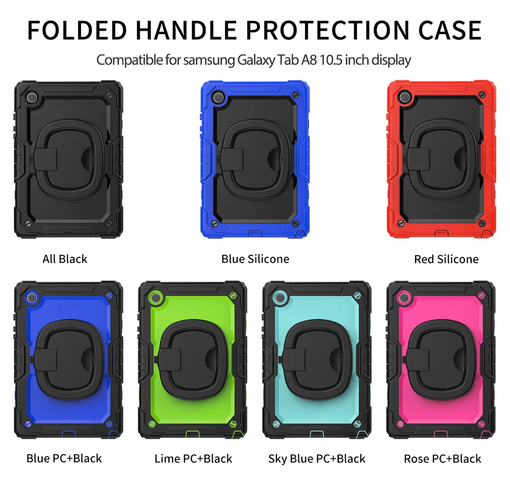 Handle Grip 360 Rotating Stand Case For Samsung Galaxy Tab A8 10.5 inch Heavy Duty Silicone +PC Rugged Shockproof Kids Safe Tablet Cover + PET Screen Film Shoulder Straps