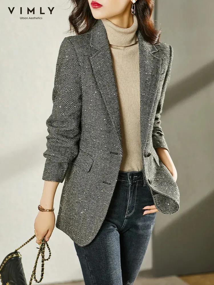 여자 양복 블레이저 Vimly Squerined Wool Blend Blend Blazer Jackets Vintage Chic과 우아한 캐주얼 맞춤형 겉옷 슈트 코트 231009