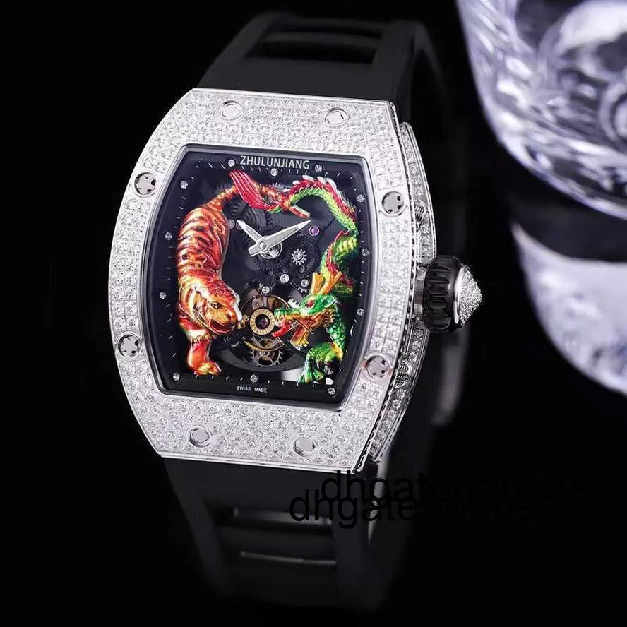 Richardmill Montre De Luxe Milles Richards Mile Mens Volant Mécanique Dragon Tigre Diamant Plein Ciel Étoile Personnalité Mode Découpe Atmosphère Bande Marée Ay 6FD7