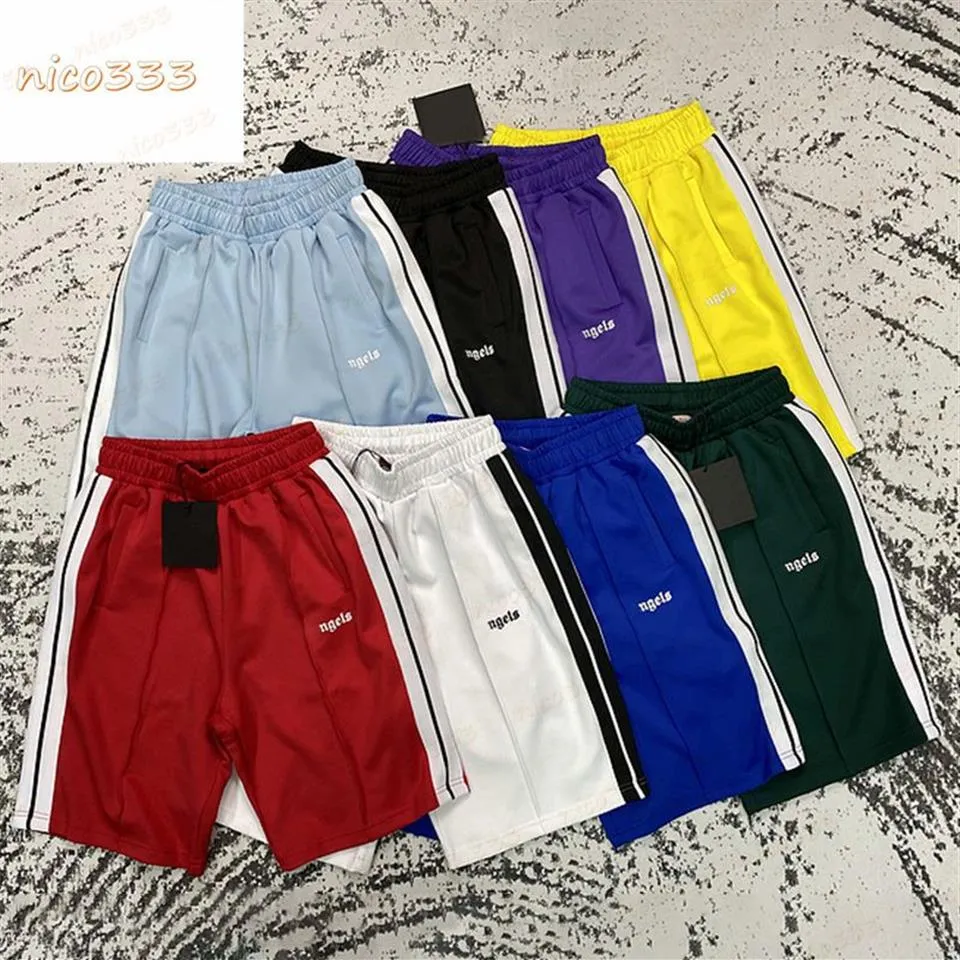 23ss colores pantalones cortos azul claro arco iris lado rayas blancas hombres mujeres pantalones cortos deportivos casuales moda transpirable versátil kuanso cinco p289E