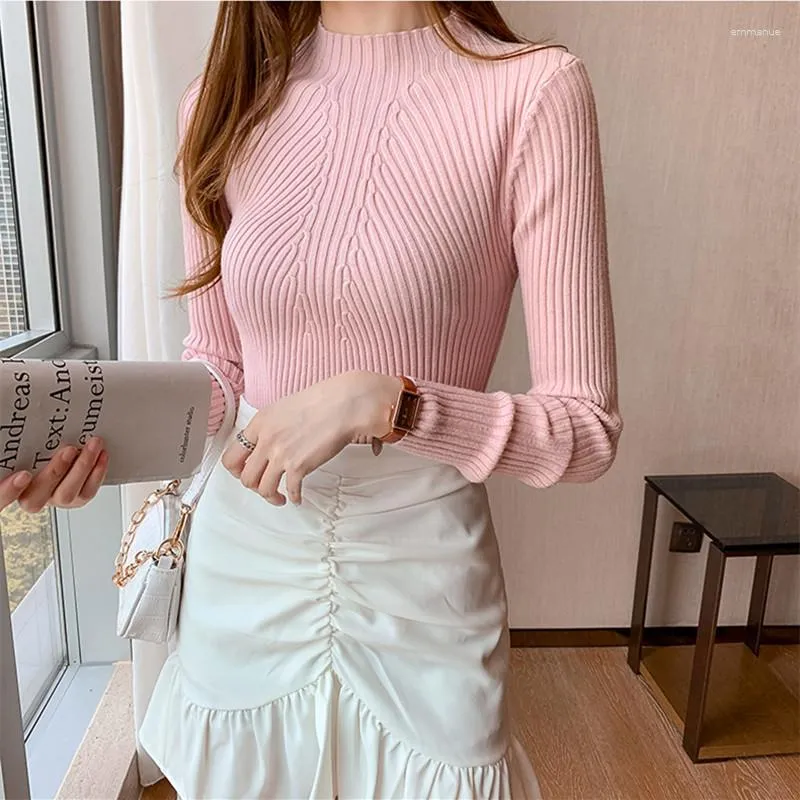 Kvinnors tröjor Spring Summer Women Turtleneck Ribbed Sticked Pull Thin tröja Top Femme Korean Long Sleeve Stretchable Pullover