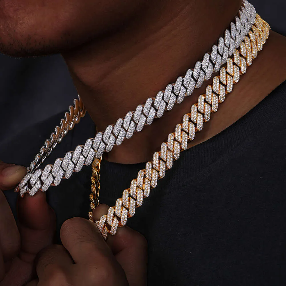 Iced Out Hop 14mm Cuban Link Chain Full 5A Zircon Bling Jewelry 18K 14k Gold Plated 2 Row Hip Hop Cuban Chaain Necklace