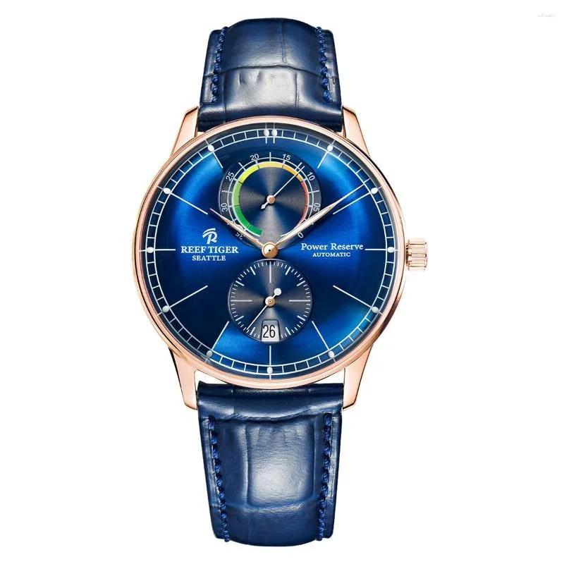 Montre-bracelets Réef Tiger Luxury Design Men Mentifonction Mechanical Watch Fashion Blue Le cuir étanche Automatique Automatiques RGA82B0-3