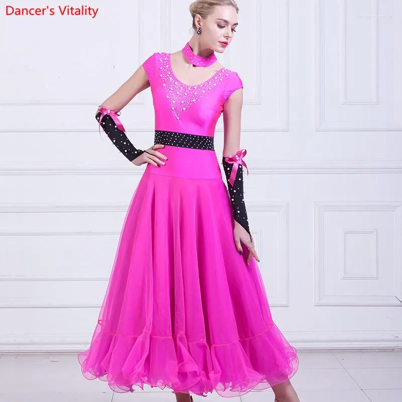 Stage Wear Noir / Rose Strass Robe de danse du ventre Compétition Standard Costume moderne Salon Valse Costumes 3pcs