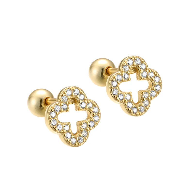 S925 Sterling Silver Hollow Clover Designer Earring Ear Studs Rings Shining Zircon Crystal Bling Diamond 18k Gold Lucky Flower örhängen örhängen smycken gåva