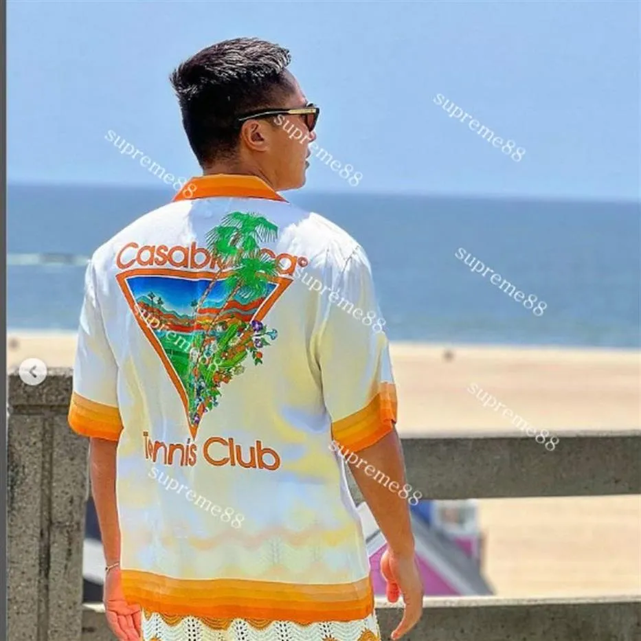 Casablanca 23ss Camisas de diseñador Blanco Naranja Cactus Cancha de tenis Camisa hawaiana de manga corta para hombre y mujer Casablanc Button Up S269F