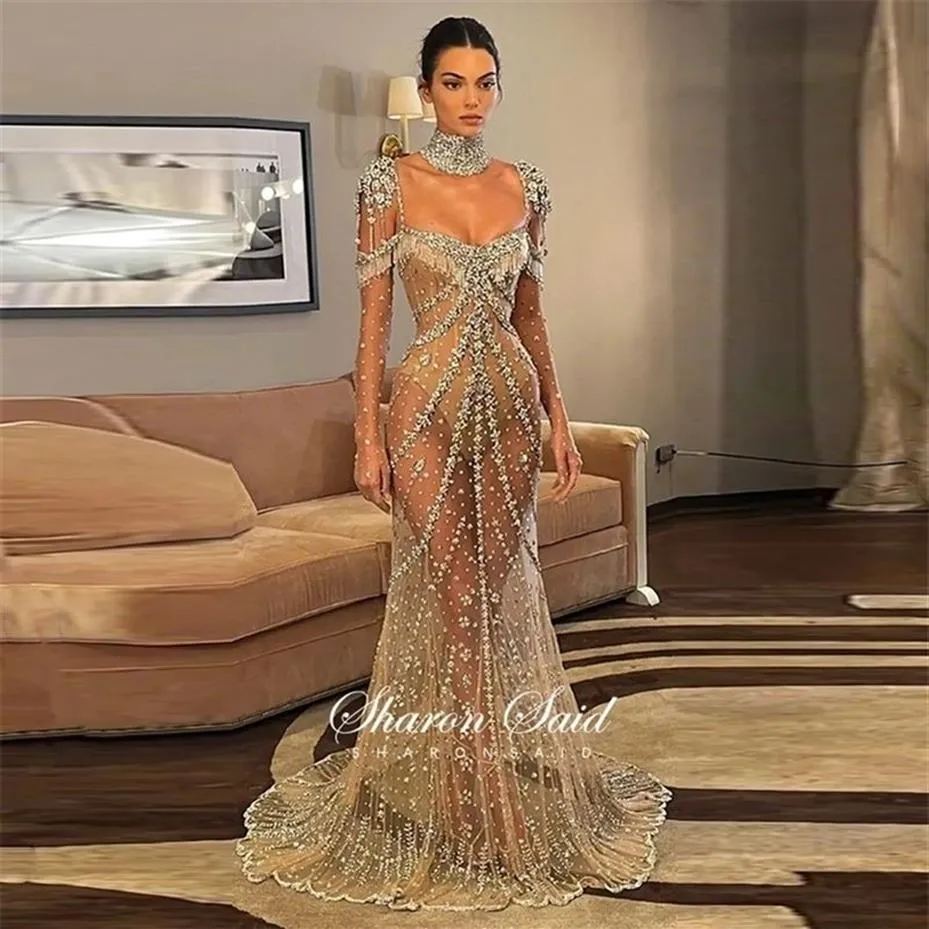 Robes de soirée Kendall Jenner longue sirène célébrité robes de bal de luxe robe de soirée en cristal sexy filles noires fête de remise des diplômes Go253G