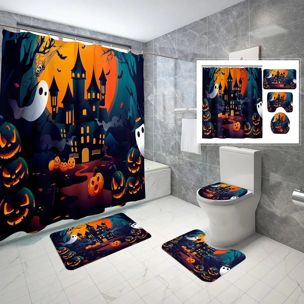 Rideaux de douche 4 pièces ensembles de rideaux de douche Halloween avec couvercle d'abattant de toilette et tapis de bain lanterne de citrouille de nuit ensembles de décoration de salle de bain imperméables 231007