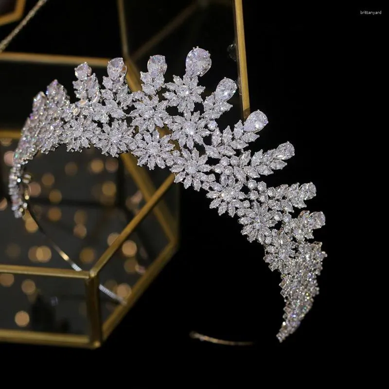 Klipsy do włosów Asnora Shiny Bridal Jewelry Tiaras Duże sześcienne cyrkonia woda upuszcza korona kryształowy akcesorium ślubne