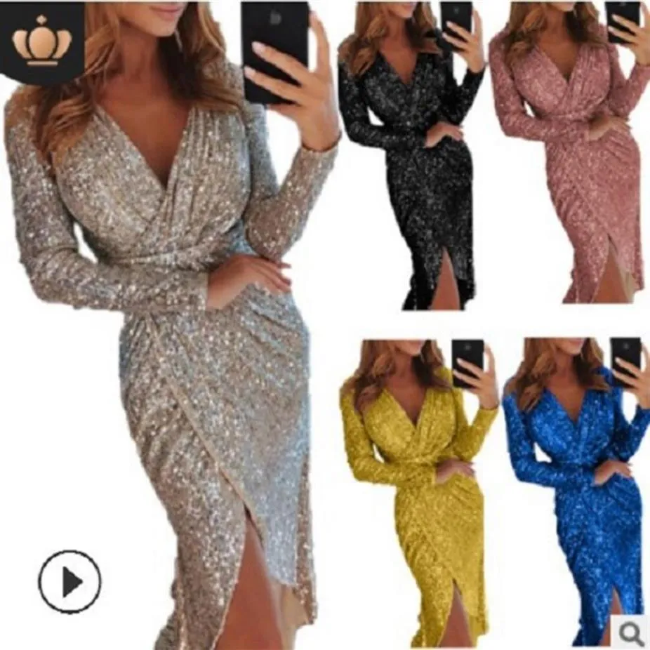 8 Colors Autumn Sequined Midi Plus Size Dress Suit Long Sleeve Christmas Party Women Club Pencil Gold V Neck218J