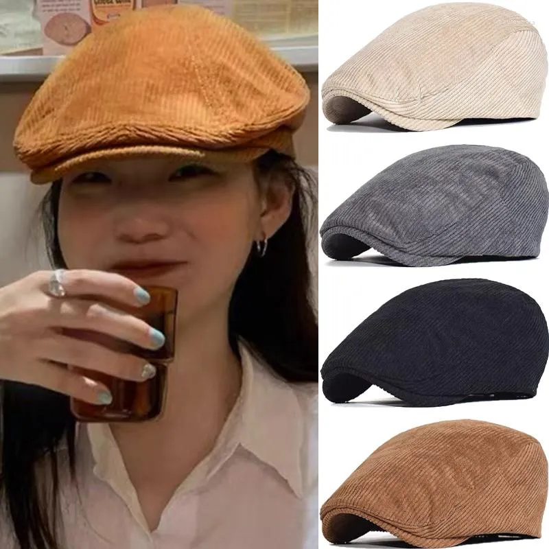 Vintage Corduroy Winter Beret Cap Hat For Men Adjustable Solid