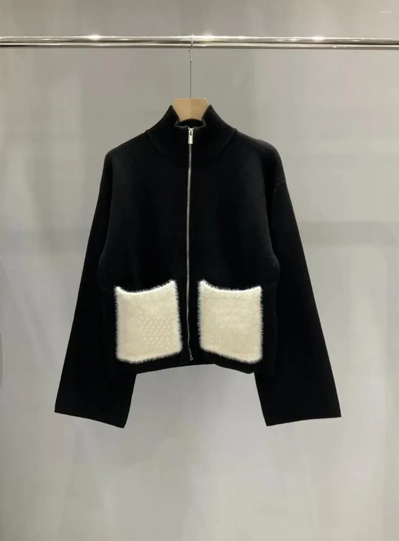 Jaquetas femininas outono e inverno versão clássica do casaco de bolso de pele pequeno gola cardigan simples moda