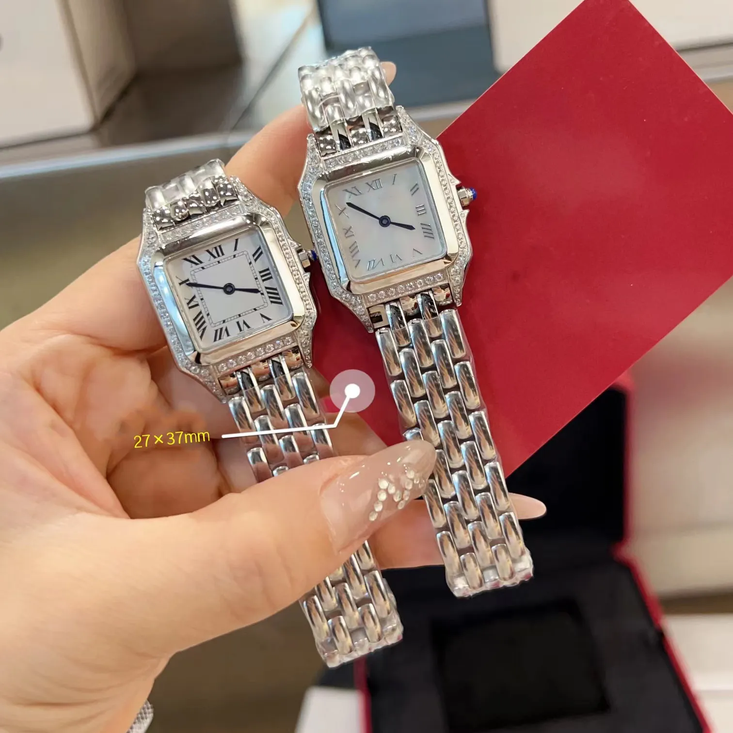 Reloj de lujo Reloj para mujer Reloj cuadrado Reloj de diseño con diamantes Movimiento de cuarzo de alta calidad Tamaño 27x37 Pulsera de acero inoxidable Relojes de moda antidecoloración para mujer