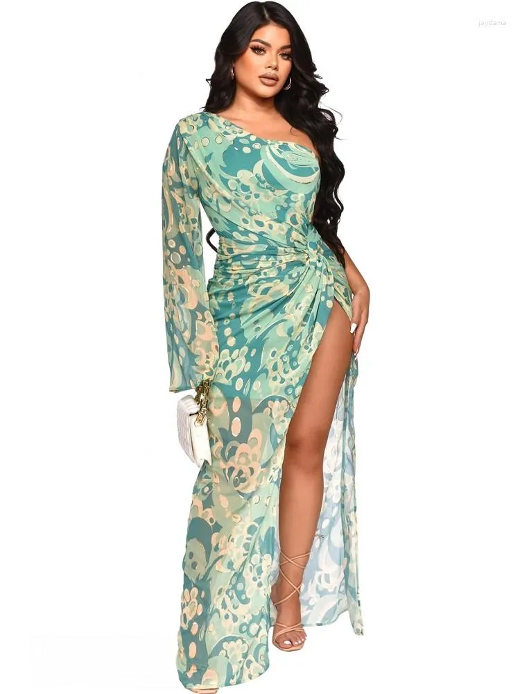 Green Printed Chiffon Maxi Dress for Women with Irregular Asymmetrical  Silhouette and One Shoulder Flutter Sleeve from Dhgate Basic & Casual  Dresses - price 36.26