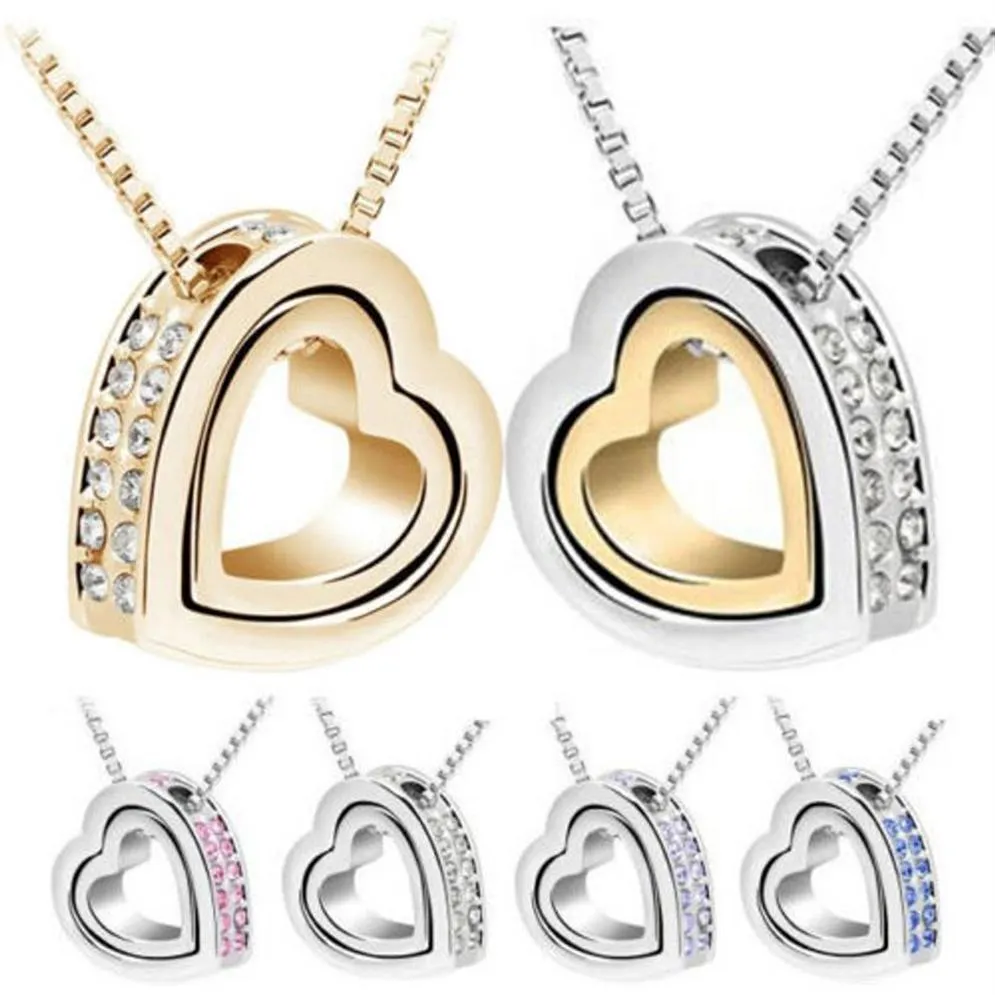 QCooljly Jold Heart In Heart Shaped Austrian Crystal Pendant Necklace Fashion Jewelry for Women Part