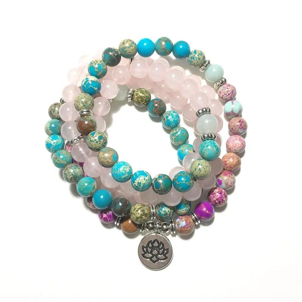 SN1530 Nuevo diseño 108 pulsera de Mala Yoga para mujer, cristal rosa, jaspe Natural, cuentas de Mala, pulsera de energía de loto, joyería de Yoga 2818