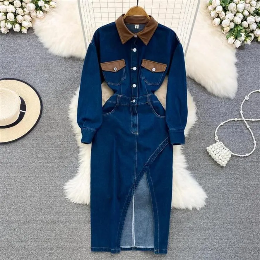 Casual Dresses High Quality Vintage Elegant Long Sleeve Turn-Down Collar Wth Pocket Split A-Line Jean Women Dress2813