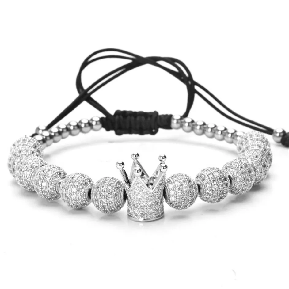 Uomini bileklik slivery Corona Braccialetti con ciondoli Fili di gioielli Fai da te 4mm Perline rotonde Bracciale intrecciato Pulseira femminile Regalo Zircone Valent284c