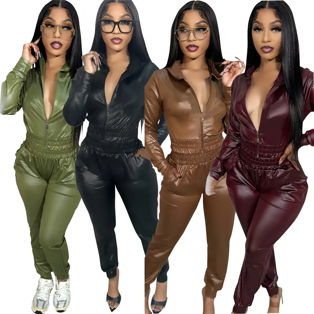 Designer Leather Tracksuits Women Fall Winter Outfits Two 2 Piece Set Long Sleeve Hooded Jacket and Pants Sportswear Pu Sweatsuits Bulk grossistkläder 10179